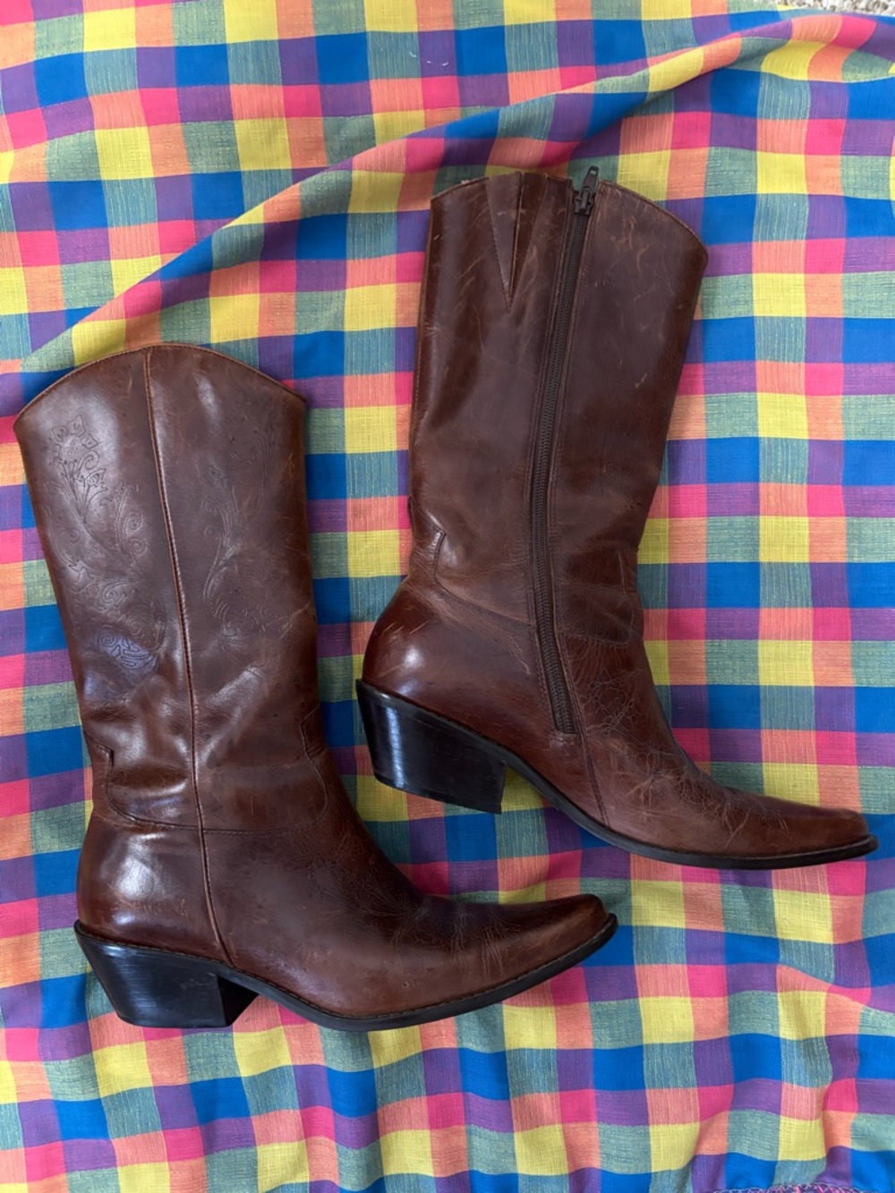Brown Leather Western Mid-Calf Boots